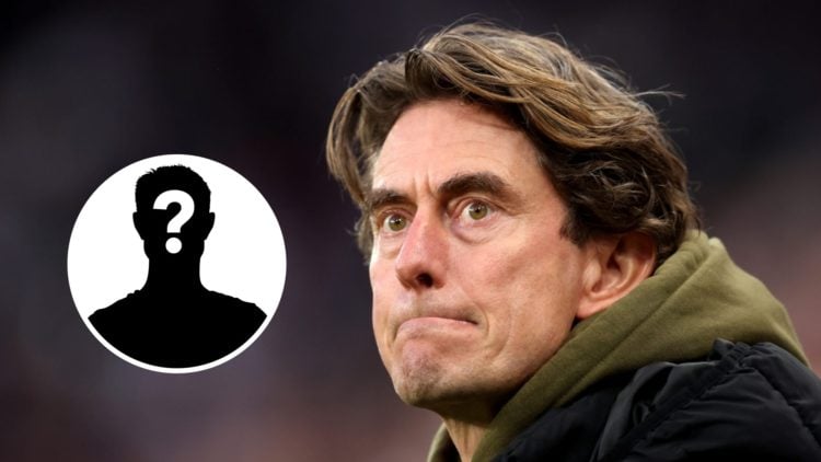 Image of Thomas Frank looking on during a Brentford game with an inset of a mystery player