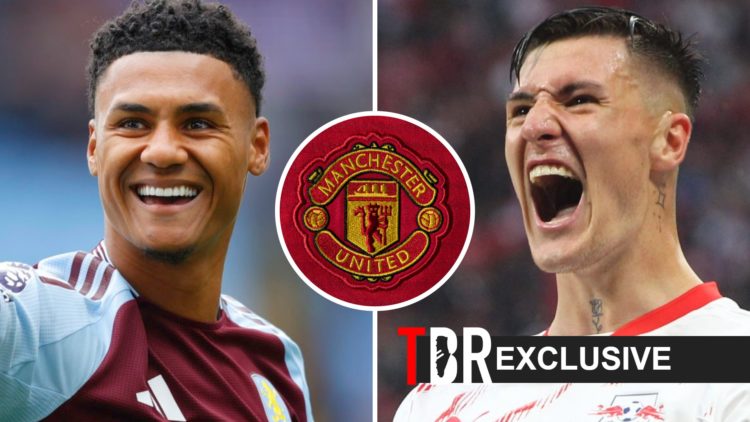 Ollie Watkins of Aston Villa smiling (left) and Benjamin Sesko of RB Leipzig celebrates (right), Manchester United badge (centre)