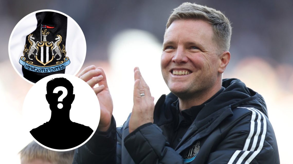 Newcastle United manager Eddie Howe after Premier League match. Inset of mystery player and Newcastle badge.