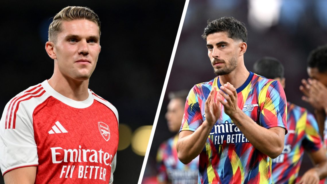 Viktor Gyokeres of Arsenal in action prior to the pre-season friendly match between Arsenal FC and Newcastle United. Kai Havertz of Arsenal applaud...