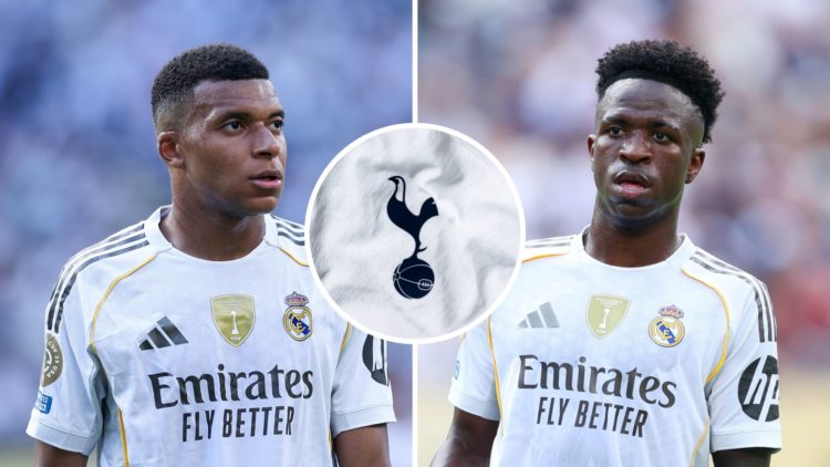 Split image of Kylian Mbappe and Vinicius Junior, Tottenham badge inset