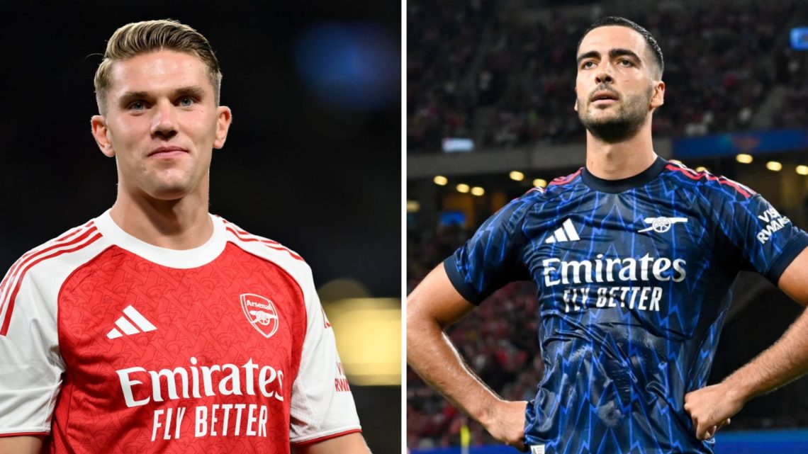 Split image of Arsenal striker Viktor Gyokeres (L) after signing and Mikel Merino (R) after scoring vs Newcastle United.