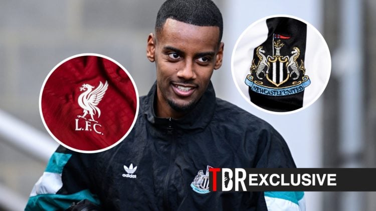 Alexander Isak in action for Newcastle, Liverpool badge, Newcastle badge, TBR logo and exclusive tag inset