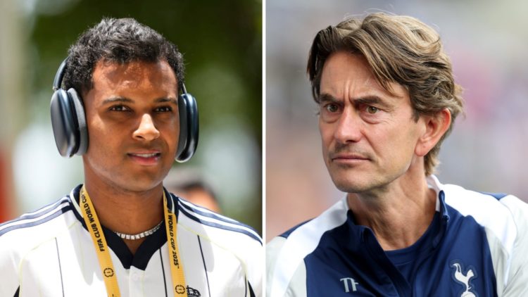 Split image of Real Madrid froward Rodrygo Goes (L) before FIFA Club World Cup match and Tottenham Hotspur manager Thomas Frank (R) ahead of pre-se...