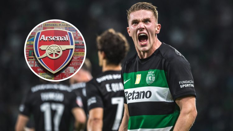 Viktor Gyokeres with inset of Arsenal badge