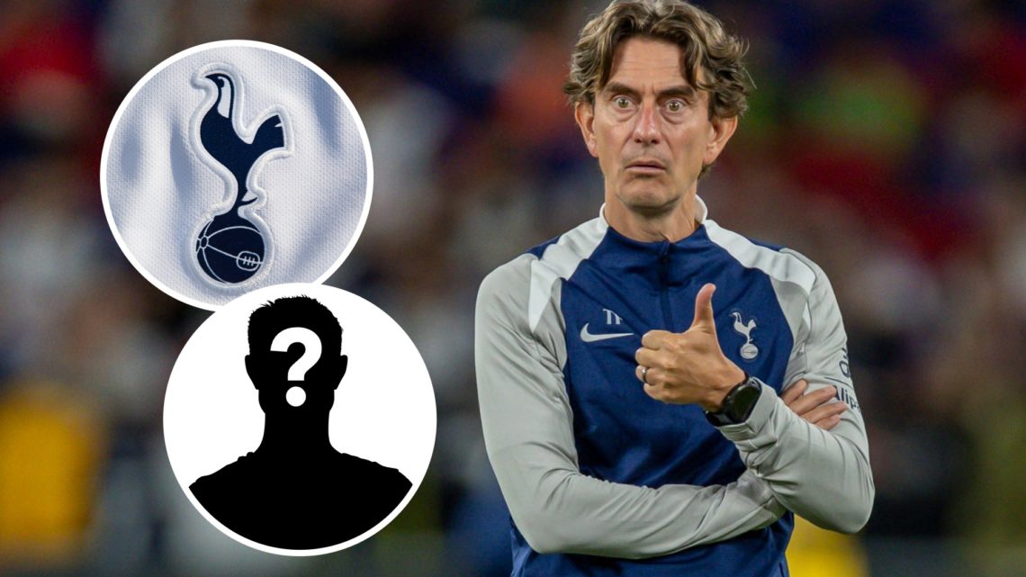 Tottenham Hotspur manager Thomas Frank during training in Hong Kong. Inset of Spurs badge and a mystery player.