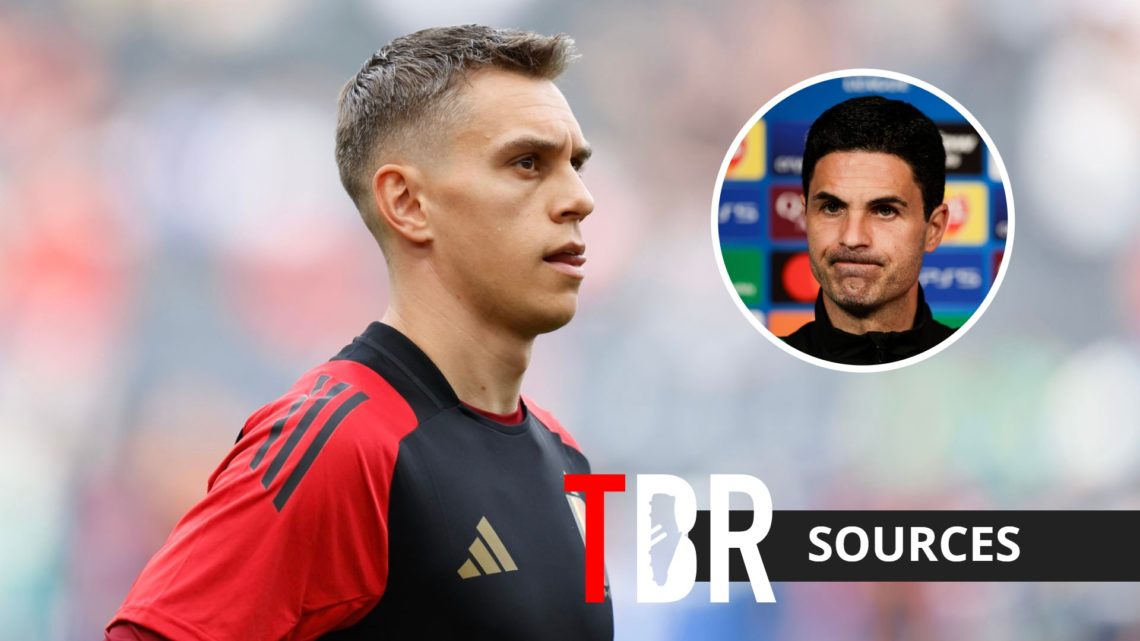 Arsenal forward Leandro Trossard with inset of Arsenal manager Mikel Arteta