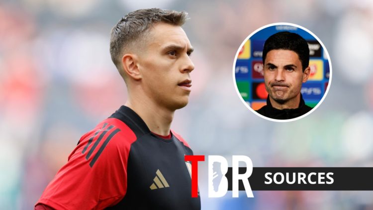 Arsenal forward Leandro Trossard with inset of Arsenal manager Mikel Arteta