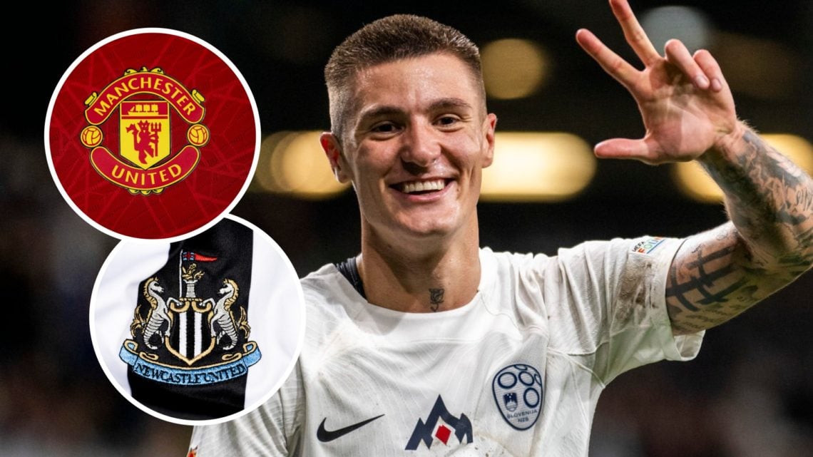 Benjamin Sesko after scoring for Slovenia. Inset of Manchester United and Newcastle United badges.