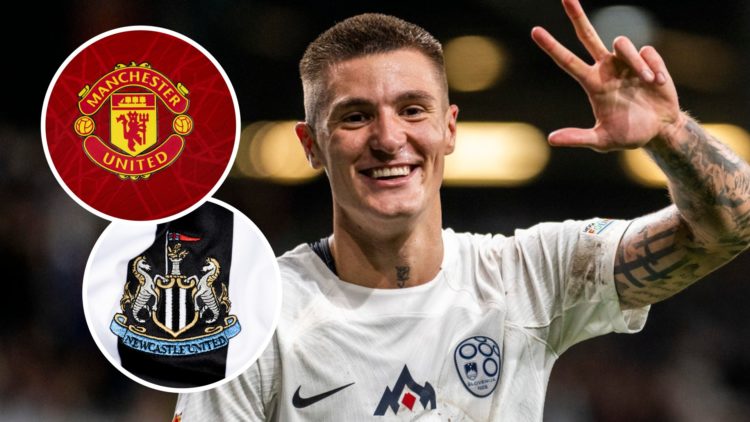 Benjamin Sesko after scoring for Slovenia. Inset of Manchester United and Newcastle United badges.