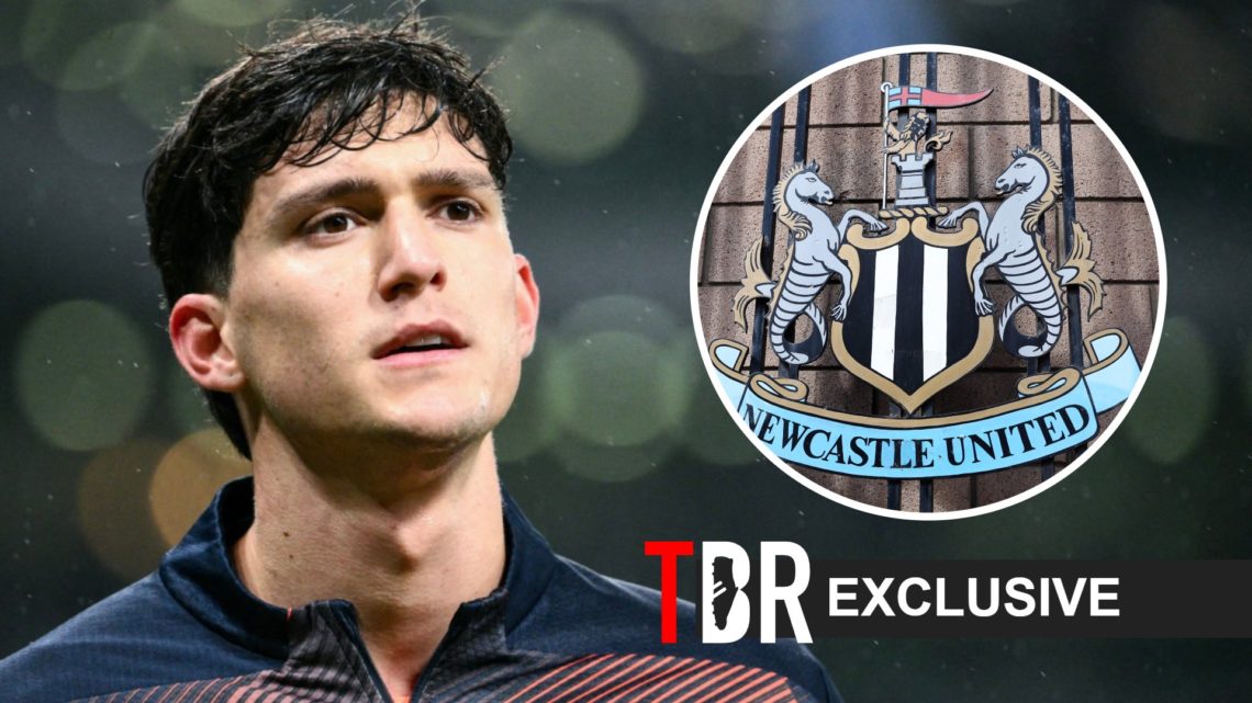 Leonardo Balerdi looks on and a Newcastle badge