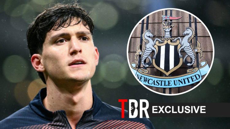 Leonardo Balerdi looks on and a Newcastle badge