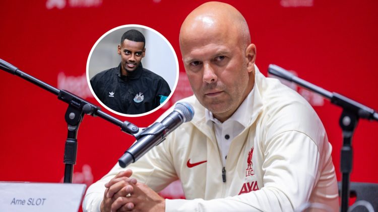 Arne Slot during a press conference at Liverpool, Alexander Isak inset