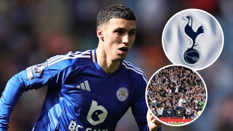 Leicester City attacker Bilal El Khannouss during Premier League match. Inset of Tottenham Hotspur badge and Spurs fans.