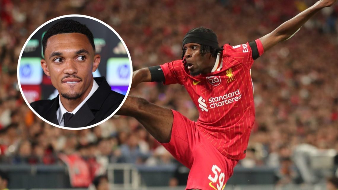 Liverpool defender Jeremie Frimpong in action against AC Milan. Inset of Real Madrid defender Trent Alexander-Arnold.