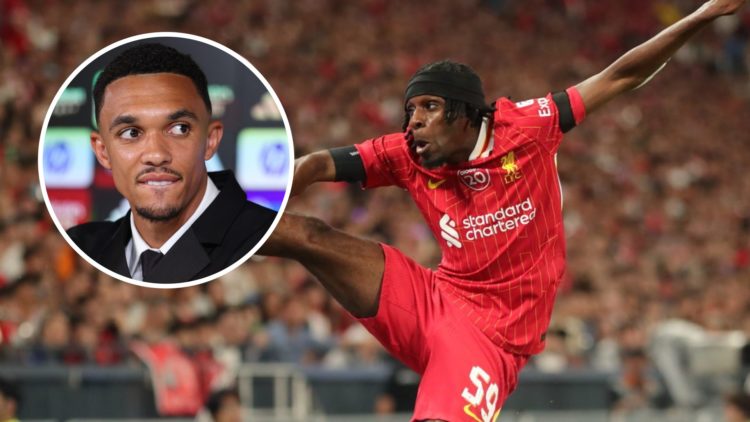 Liverpool defender Jeremie Frimpong in action against AC Milan. Inset of Real Madrid defender Trent Alexander-Arnold.