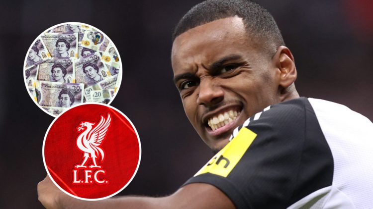 Newcastle United striker Alexander Isak during press conference. Inset of money and Liverpool badge.