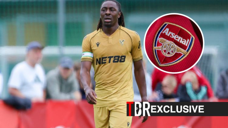 Eberechi Eze in action for Crystal Palace against Mainz, Arsenal badge, TBR logo and exclusive tag inset