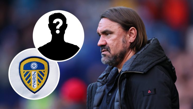 Leeds United manager Daniel Farke with insets of Leeds United badge and mystery inset