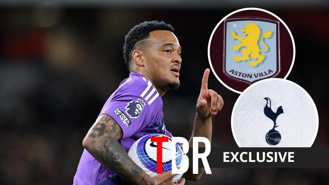 Fulham forward Rodrigo Muniz with inset of Aston Villa and Tottenham Hotspur badges