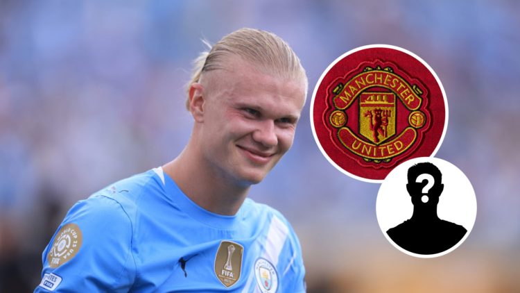 Erling Haaland in action for Manchester City against Juventus at the FIFA Club World Cup, Manchester United badge and mystery figure inset