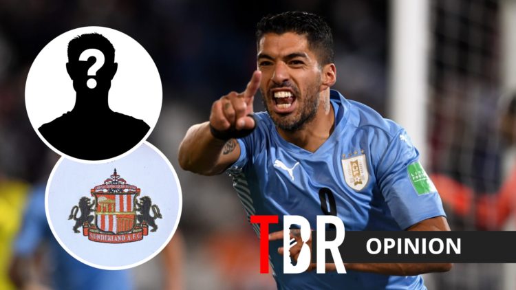 Uruguay legend Luis Suarez with inset of Sunderland badge and mystery silhouette