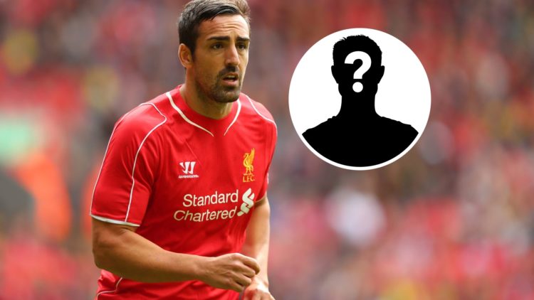 Jose Enrique in action for Liverpool vs Borussia Dortmund, mystery figure inset