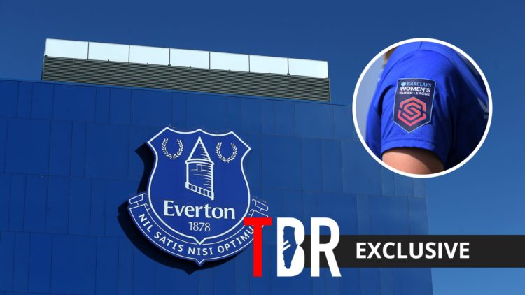 Goodison Park, home of Everton Women, with inset of an Everton Women shirt sleeve