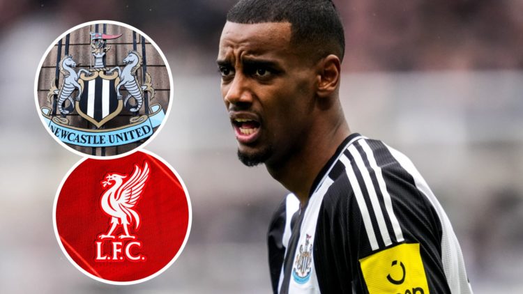 Newcastle United striker Alexander Isak looks frustrated. Inset of Liverpool badge and Newcastle crest.
