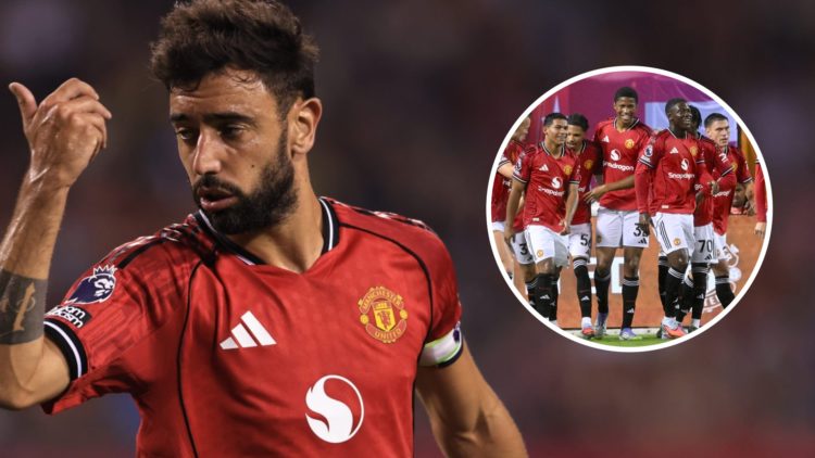 Bruno Fernandes of Manchester United looks on (left), Manchester United team celebrate (right)