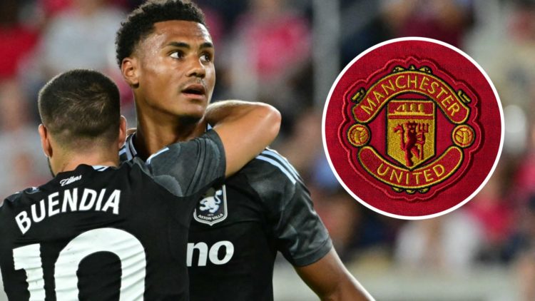 Ollie Watkins and Emi Buendia for Aston Villa (left) and a Man Utd badge (right)