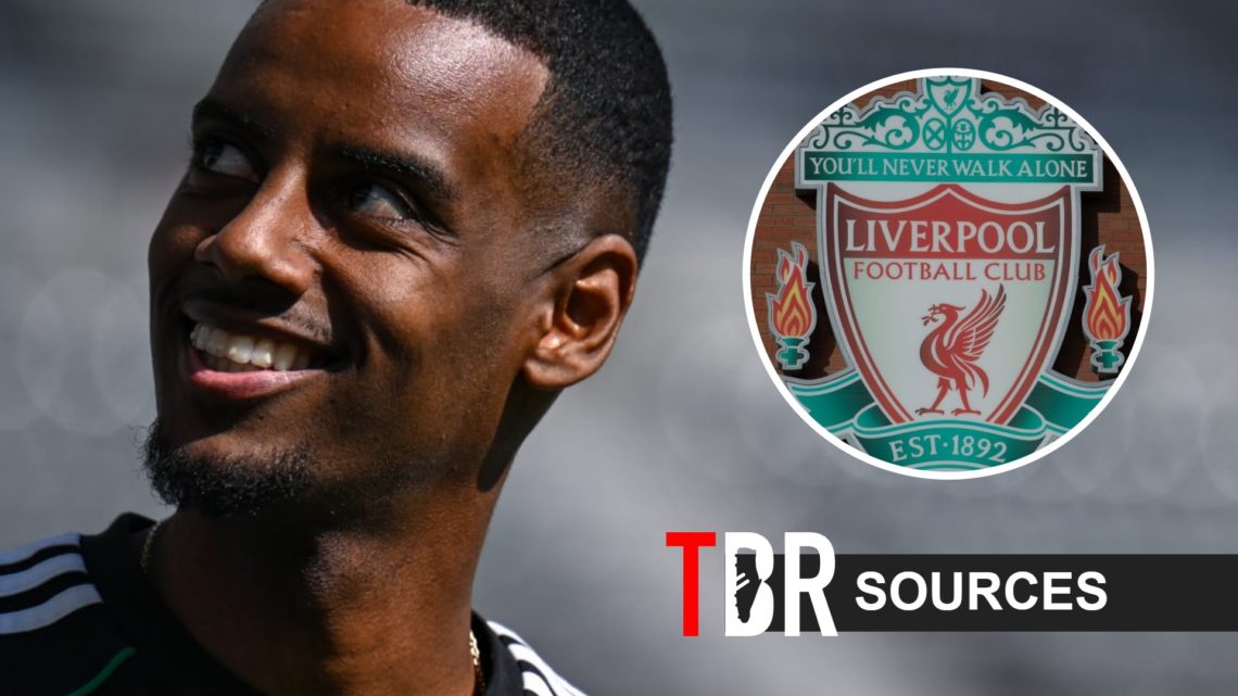 Alexander Isak smiles at the camera (left) Liverpool badge (right)