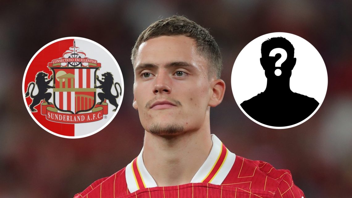 Florian Wirtz in action for Liverpool, Sunderland badge and mystery figure inset