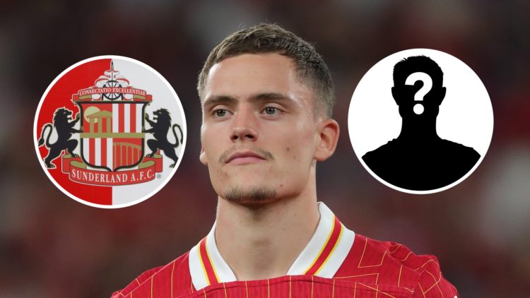 Florian Wirtz in action for Liverpool, Sunderland badge and mystery figure inset