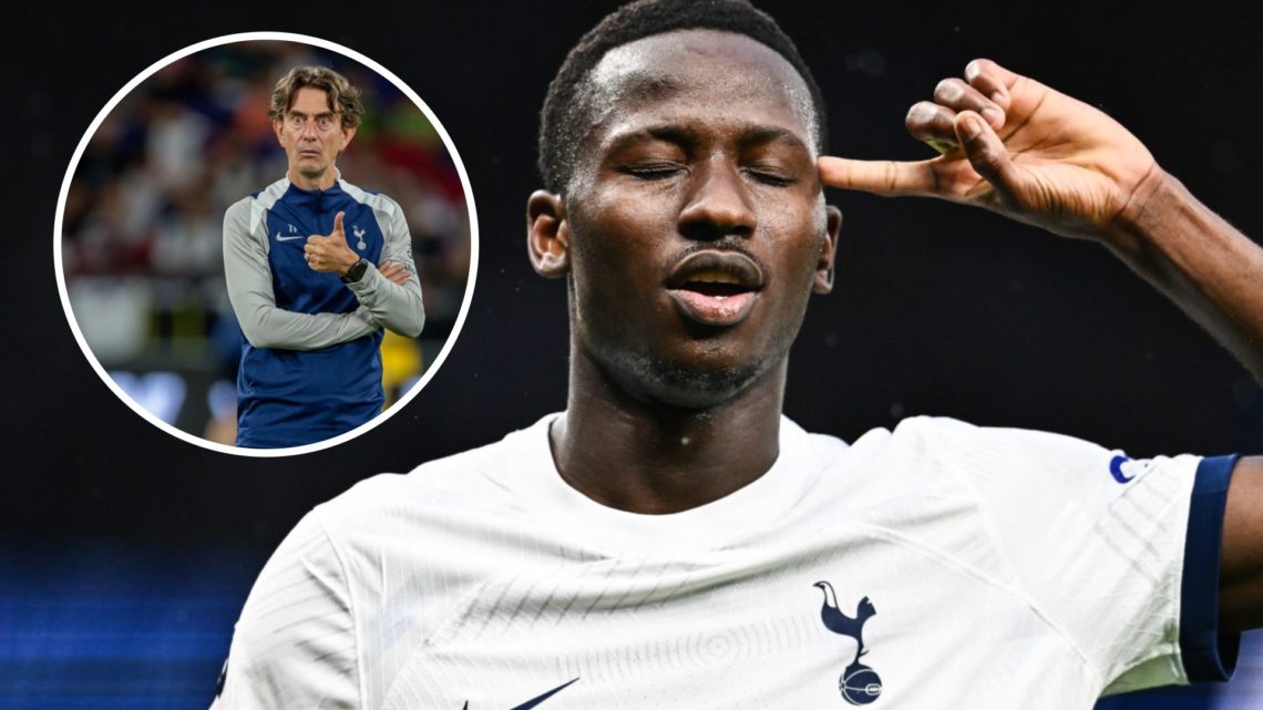 Tottenham Hotspur midfielder Pape Matar Sarr celebrates goal. Inset of Spurs manager Thomas Frank.
