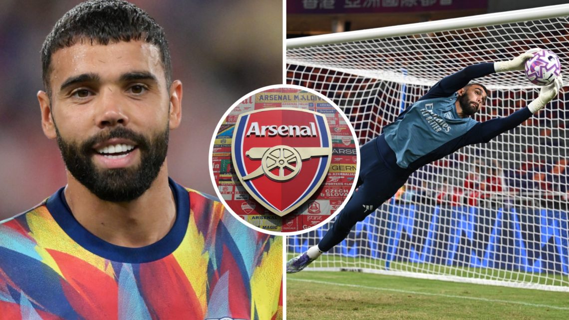 David Raya of Arsenal looks on (left), David Raya of Arsenal saves a shot (right), Arsenal abdge (centre)