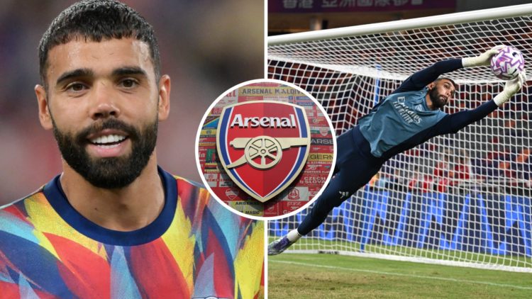David Raya of Arsenal looks on (left), David Raya of Arsenal saves a shot (right), Arsenal abdge (centre)