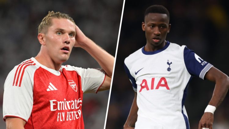 Split image of Viktor Gyokeres of Arsenal and Pap Matare Sarr of Tottenham Hotspur