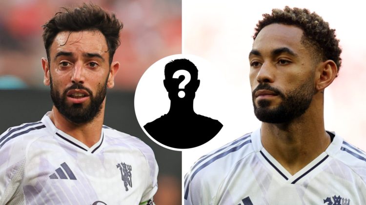 Matheus Cunha and Bruno Fernandes of Manchester United with a mystery player inset