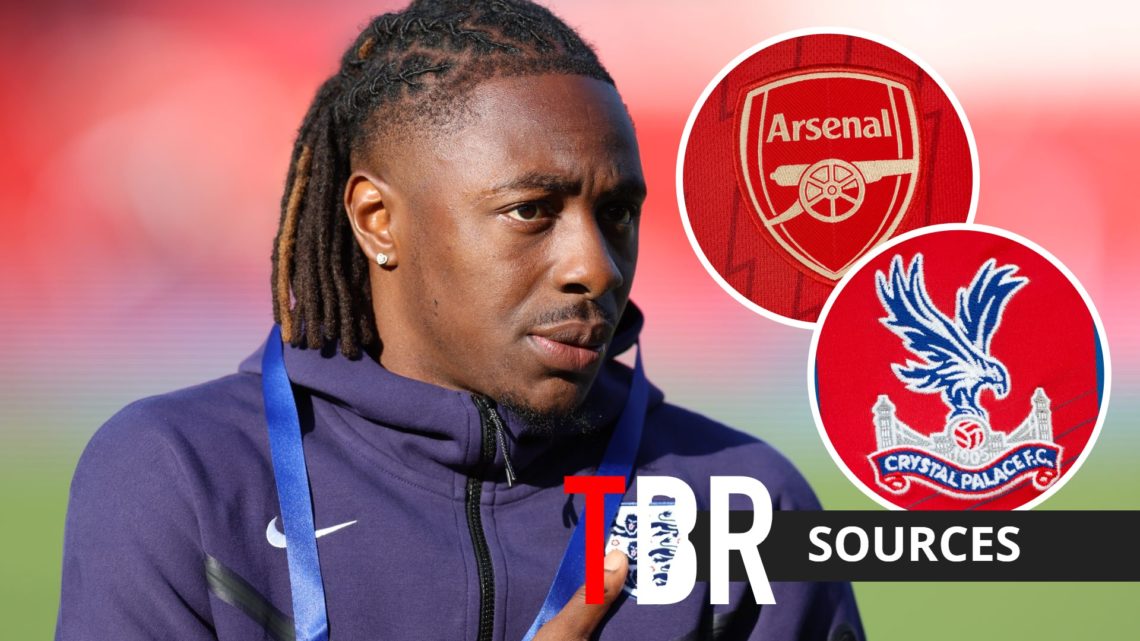 Eberechi Eze with insets of Crystal Palace and Arsenal badges