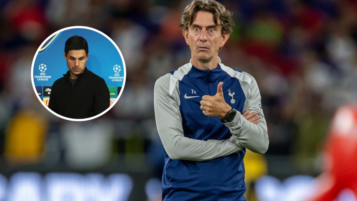 Tottenham Hotspur manager Thomas Frank with inset of Arsenal manager Mikel Arteta