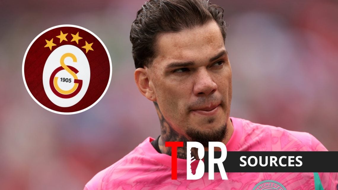 Manchester City goalkeeper Ederson with inset of Galatasaray badge