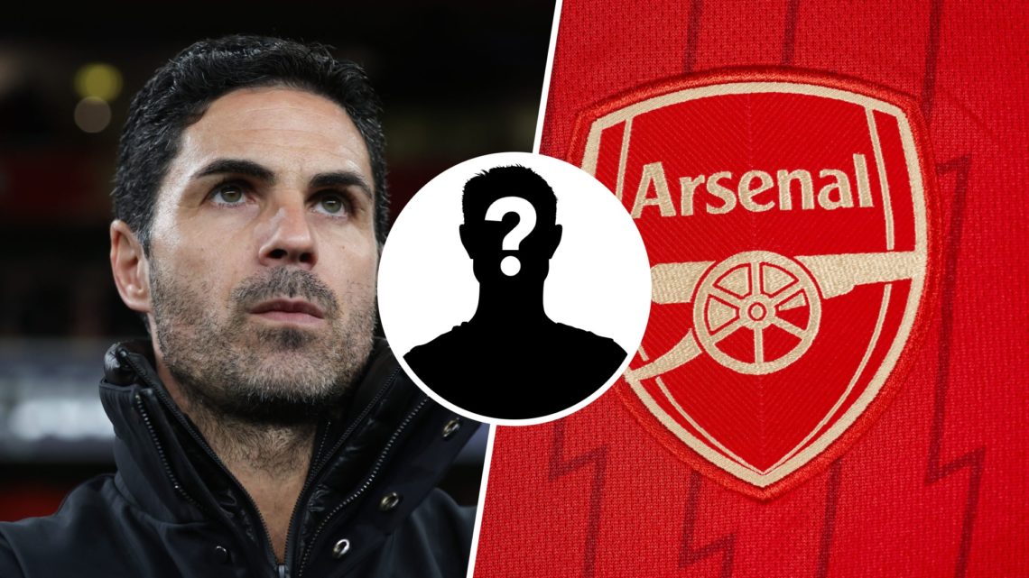 Split image of Mikel Arteta and Arsenal badge with overlay of mystery player