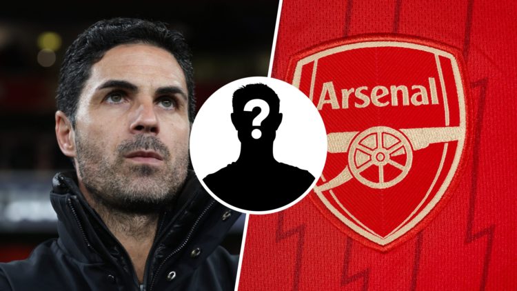 Split image of Mikel Arteta and Arsenal badge with overlay of mystery player