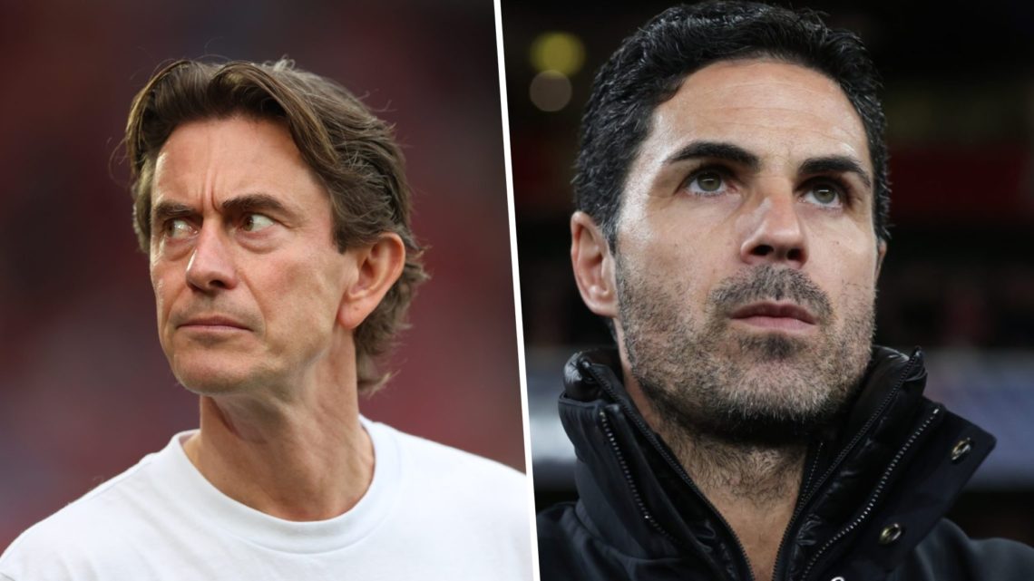 A split image of Mikel Arteta and Thomas Frank