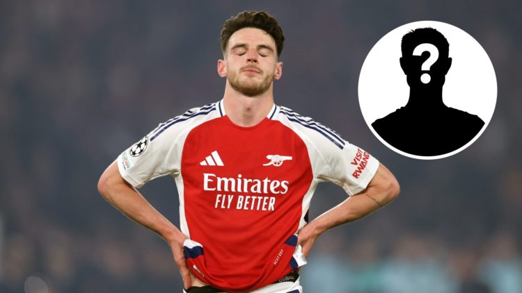 Arsenal midfielder Declan Rice with inset of mystery silhouette