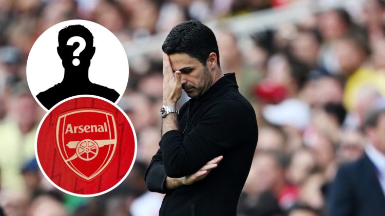 Arsenal manager Mikel Arteta with inset of Arsenal badge and mystery silhouette