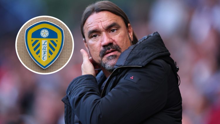 Leeds United manager Daniel Farke with inset of Leeds badge