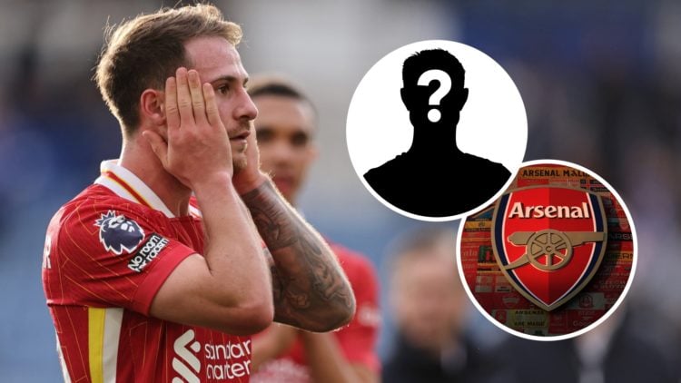 Liverpool midfielder Alexis Mac Allister with inset of Arsenal badge and mystery silhouette
