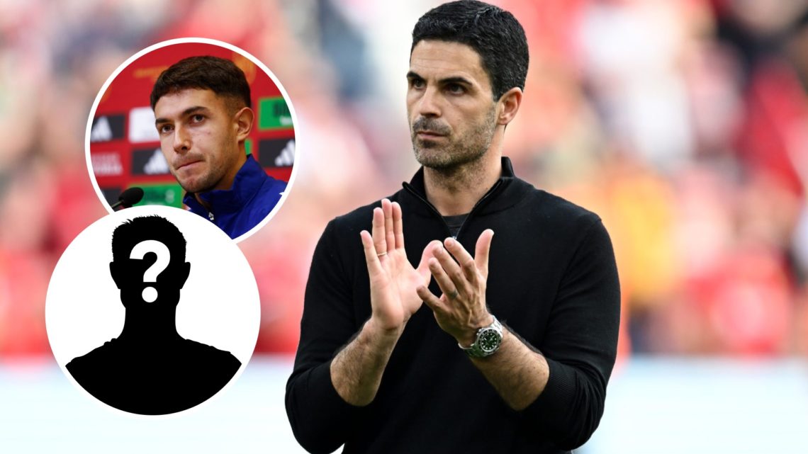 Arsenal manager Mikel Arteta with insets of Martin Zubimendi and mystery silhouette